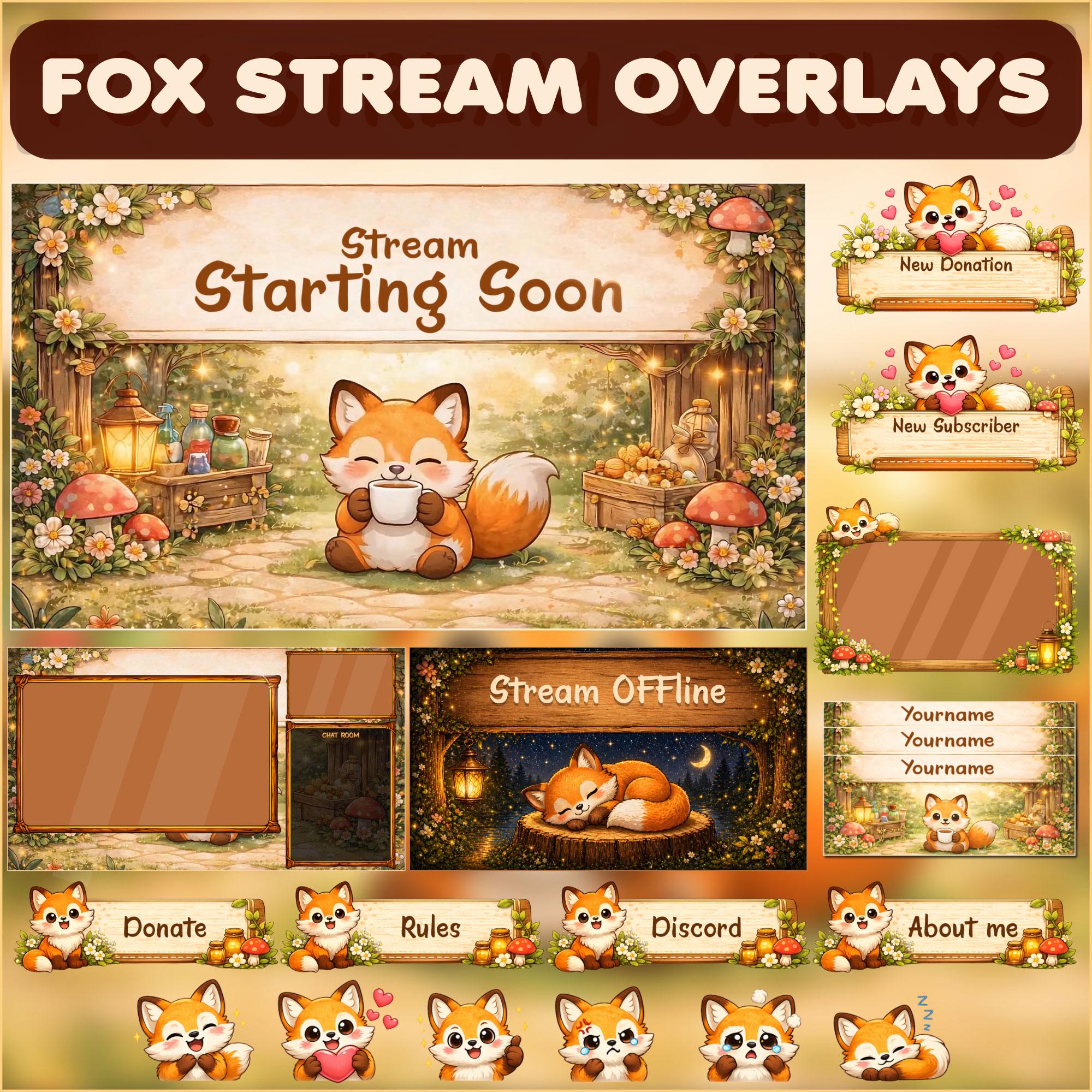 Fox Stream Overlay Pack Animated Cute Forest Fox Twitch Overlay OBS ...