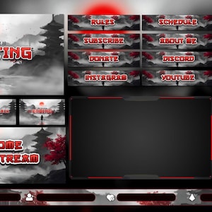 May include: A digital streaming overlay with a Japanese theme. The design features a red sun, pagodas, and a lone figure. Text includes "Starting," "Welcome to My Stream," and social media icons. The color scheme is primarily black, white, and red.