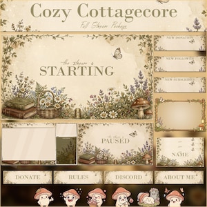 Peut inclure: Un ensemble de superpositions pour streaming intitulé Cozy Cottagecore Full Stream Package avec des illustrations botaniques de fleurs sauvages, champignons et papillons dans des tons beiges. Inclut des écrans de début, pause et étiquettes.