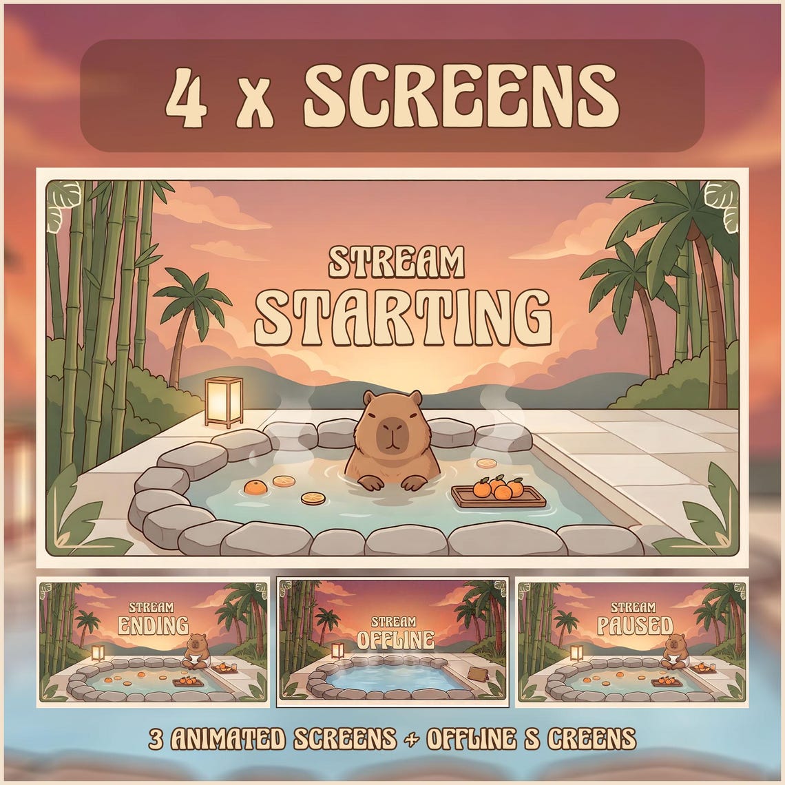 Capybara Animated Stream Overlay Pack, Cute Cozy Animal Twitch Overlay ...