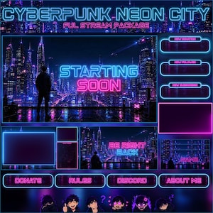 Superposiciones de transmisión de Cyberpunk Neon City animadas y futuristas para Twitch, VTuber, OBS, YouTube, Kick Graphics