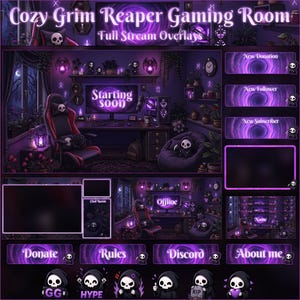 May include: A digital stream overlay set titled Cozy Grim Reaper Gaming Room featuring purple and black themes. Includes panels for New Donation, New Follower, New Subscriber, Donate, Rules, Discord, About me, and various chibi reaper emotes.