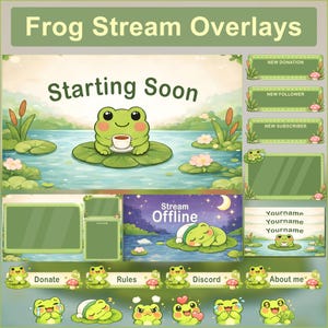 May include: A collection of frog-themed stream overlays in green and beige. The design features a frog with a coffee cup, lily pads, and the text "Starting Soon." Includes alerts for donations, followers, and subscribers, plus a "Stream Offline" scene.