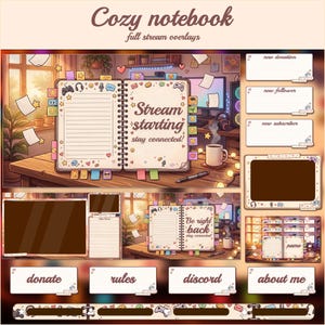 Könnte beinhalten: Ein digitales Stream-Overlay-Set mit dem Titel Cozy notebook full stream overlays, bestehend aus einem spiralgebundenen Notizbuch mit dem Text Stream starting stay connected, Be right back und name sowie verschiedenen rechteckigen Rahmen für Spenden und Follower.