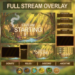 May include: A digital stream overlay with a forest theme. The design includes a central forest scene with a cabin, river, and text that reads "STREAM STARTING" and "STREAM OFFLINE". Additional panels are labeled "DONATE", "RULES", "DISCORD", and "ABOUT ME".