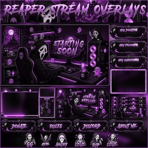May include: A digital stream overlay set in a purple theme featuring a hooded figure with a white mask. Includes text elements like REAPER STREAM OVERLAYS, STARTING SOON, STREAM OFFLINE, NEW DONATION, NEW FOLLOWER, NEW SUBSCRIBER, DONATE, RULES, DISCORD, ABOUT ME, GG, HYPE, ANGRY, LOVE, RIP, and LOVE.