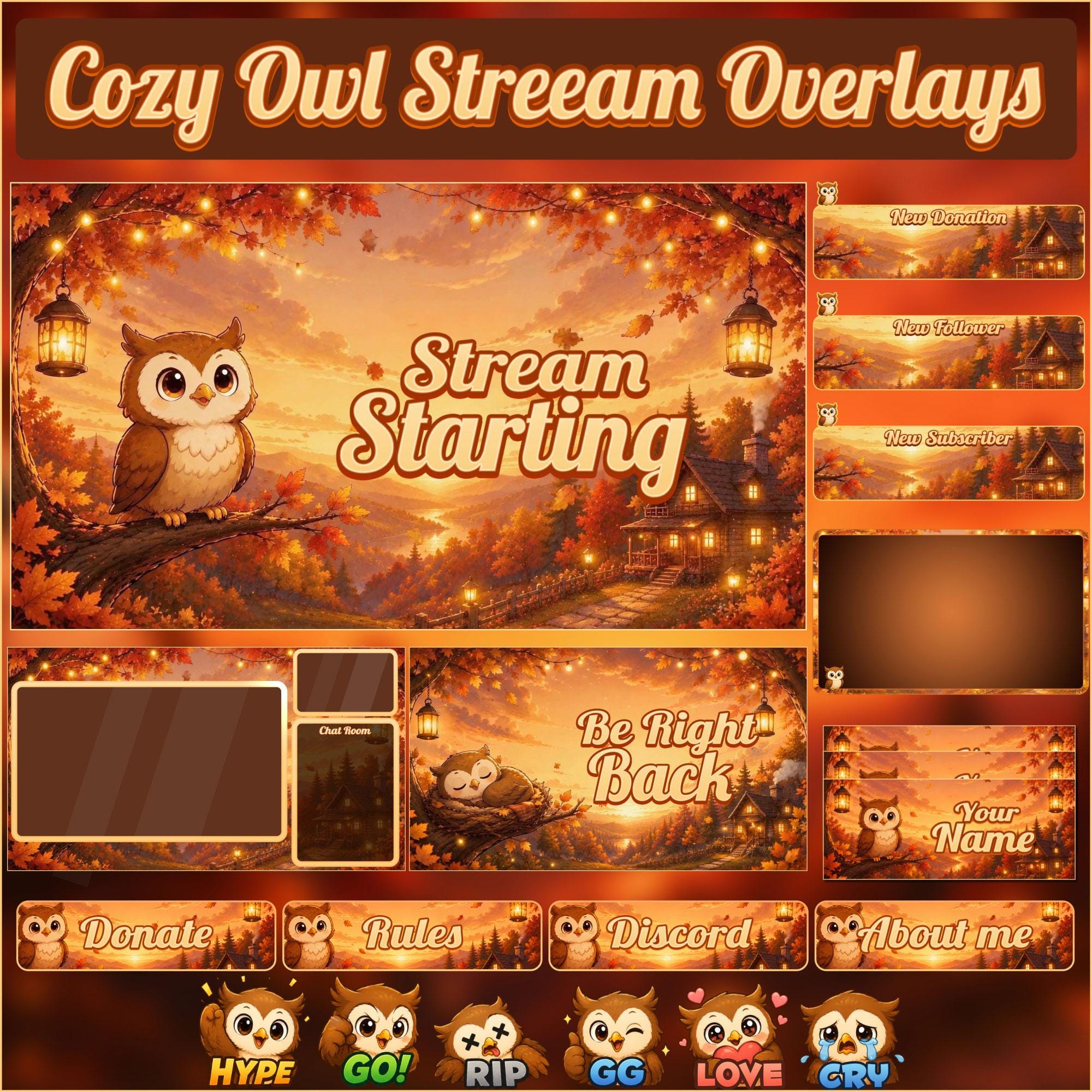 Animated Cozy Owl Stream Overlay Package Cute Owl Twitch Overlay Cozy Forest OBS YouTube Kick Graph