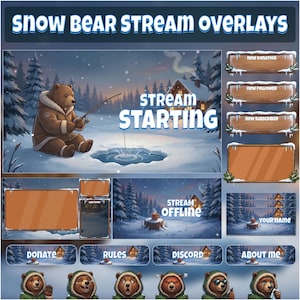 May include: A digital art graphic with a winter theme, featuring a bear fishing on a frozen lake. The image includes overlays for streaming, with text such as "Stream Starting," "Donate," and "About Me." The color palette is dominated by blues, browns, and whites.