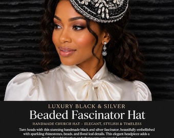 Elegante cappellino fascinator nero e argento con perline – Cappello da chiesa fatto a mano – Elegante copricapo per il Kentucky Derby, matrimoni e tea party.