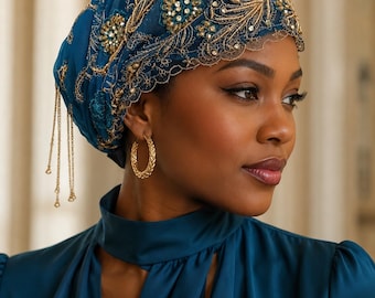 Teal and Gold Embroidered Beaded Headwrap – Elegant Women’s Church & Formal Head Covering