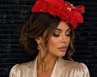 Elegant Red Floral Church Fascinator Hat