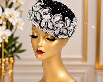 Elegant Lime black and silver Church Hat with Flowers and Rhinestone Clover – Women’s Formal Hat, Derby Hat, Wedding Guest Headpiece