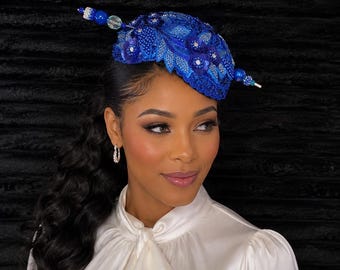 Royal Blue Beaded Fascinator Hat for Church, Wedding, Tea Party & Special Occasio