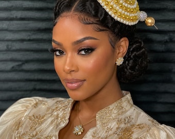 Gold and White Luxury Pearl Church Fascinator Hat