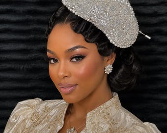 Silver and white Pearl Luxury Beaded Church Fascinator Hat