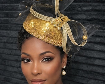 Elegant gold and black Sequin Church Hat with Rhinestone Flower | Wedding Fascinator | Bridal Headpiece | Women’s Formal Hat