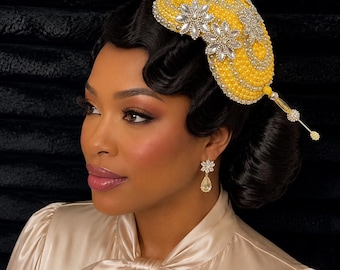 Yellow Silver Beaded Fascinator Hat for Church, Wedding & Tea Party | Elegant Designer Women’s Headpiece