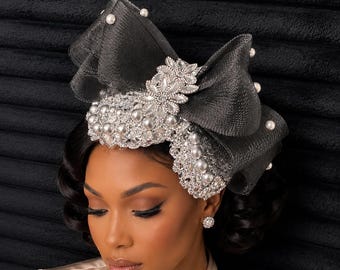 Elegant Black and Silver Sequin Church Fascinator Hat