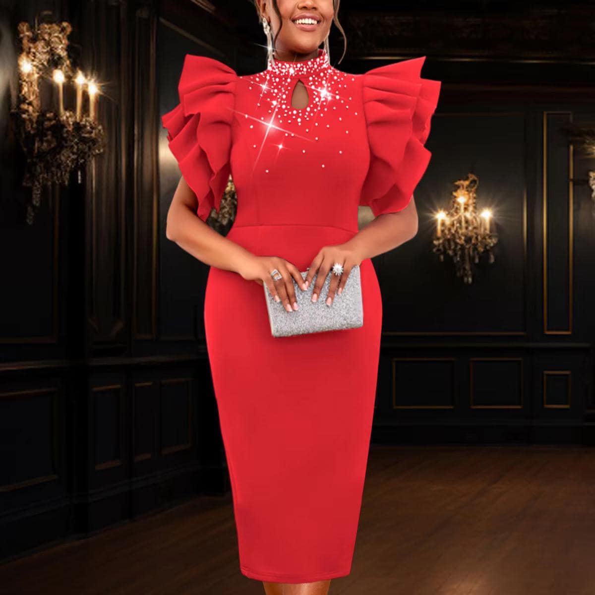 Elegant Red Rhinestone Ruffle Midi Dress Small, Medium, Large, Extra ...