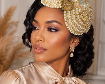 Luxury Gold & Ivory Pearl Beaded Fascinator Hat for Women – Crystal Church Hat, Kentucky Derby Headpiece, Tea Party Wedding Cocktail Hat