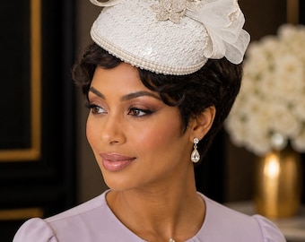 Elegant white Sequin & Butterfly Fascinator Hat – Luxury Church Wedding Derby Headpiece