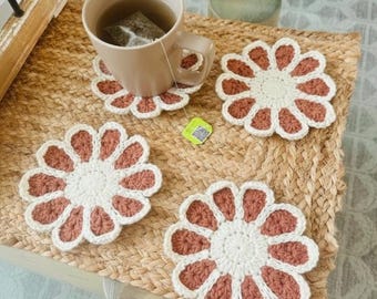 Handmade Crocheted Daisy Coasters - Set of 4 Terracotta