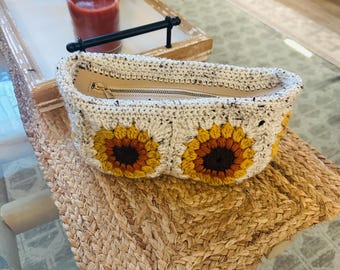 Handmade Crocheted Sunflower Grannie Square Zipper Pouch- Measures 12x6