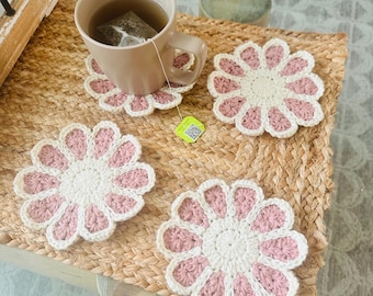 Handmade Crocheted Daisy Coasters - Set of 4 Rosy Pink
