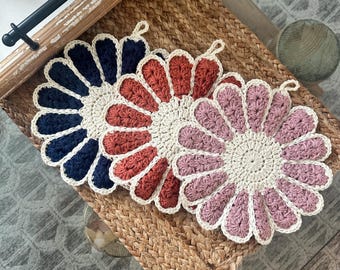 Handmade Crocheted Daisy Cotton Pot Holders - 9 inch