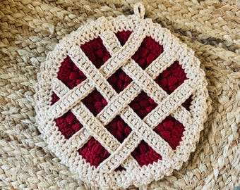 Handmade Crochet 8 Inch Cherry Pie Pot Holder