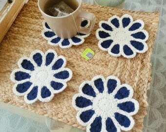 Handmade Crocheted Daisy Coasters - Set of 4 Navy Blue