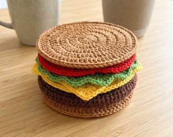Crochet Burger Coaster Pattern | Stackable Cheeseburger Coasters (PDF Pattern)