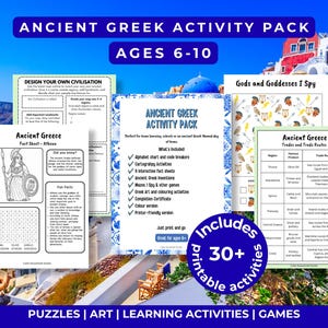 Puede incluir: Un paquete de actividades sobre la antigua Grecia para niños de 6 a 10 años que incluye hojas imprimibles con rompecabezas, fichas sobre Atenea, una tarea de diseño de mapas, un juego de buscar y encontrar, y una tabla de comercio con 30+ actividades.