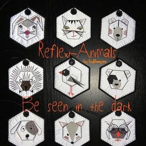 Cute ANIMAL machine embroidery designs for REFLECTORS ITH, 9 different animals + 2 bonus designs - 2 versions each with or without holes