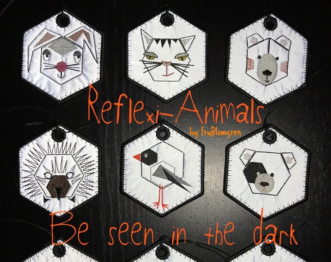 Cute ANIMAL machine embroidery designs for REFLECTORS ITH, 9 different animals + 2 bonus designs - 2 versions each with or without holes