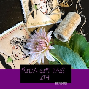 GESCHENKANHÄNGER ITH, Maschinenstickkarten mit der wunderlichen Frida - in 4 verschiedenen Versionen, oval oder quadratisch, mit oder ohne Farben