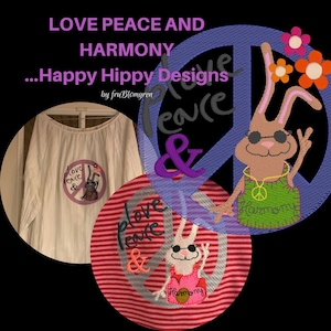 May include: Two white shirts with embroidered peace signs featuring a bunny rabbit wearing sunglasses and a necklace with a peace sign charm. The text "love peace & harmony" is embroidered on the shirts. The shirts are on a black background.