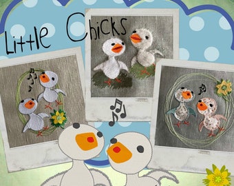 Little Chicks, meet CHICK & CHUCK, two little chickens, 12 Machine Embroidery Designs in multiple sizes and techniques
