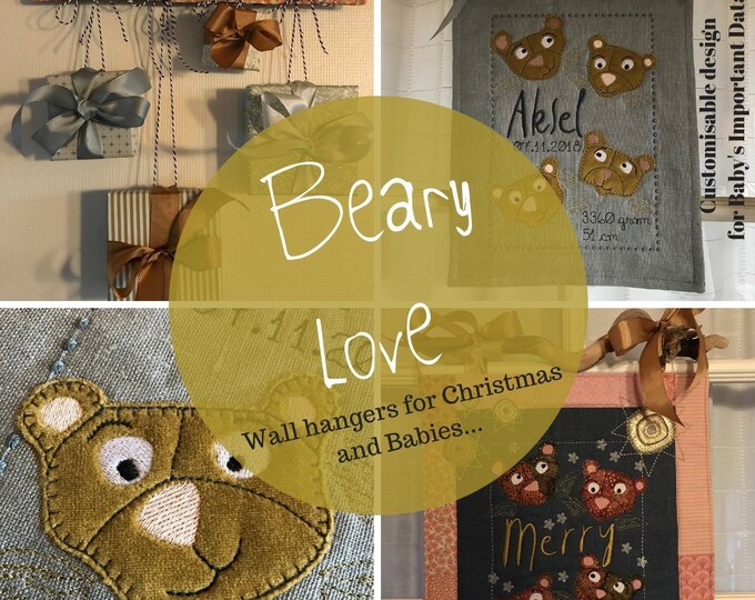 BEAUTIFUL BIG Appliqué BEAR motif for making textile Wall hangers - for Christmas or as a Birth Announcement for the newborn, customisable