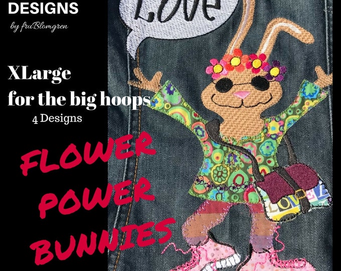 3 XLarge Flower Power BUNNY Machine Embroidery designs - All fit the 8 x 11 (20 x 28 cm) hoop - Mix of Appliqués and Embroidery