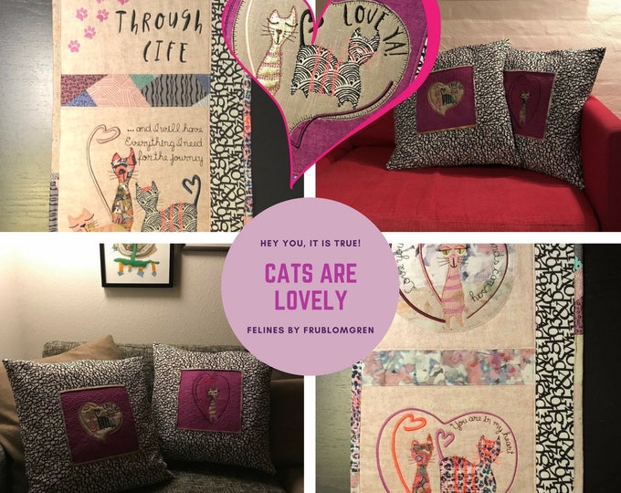 CATS are COOL, 9 CUTE Cat appliqué machine embroidery designs, Hearts and love exclamations, a perfect way to use your favourite stash