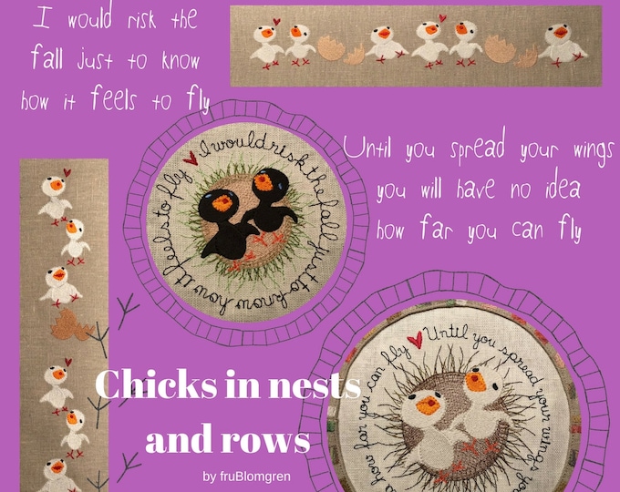 CHICKS in nest and rows, 8 Cute and Delicate Machine Embroidery designs with little birds - in nests with quotes and in rows as borders