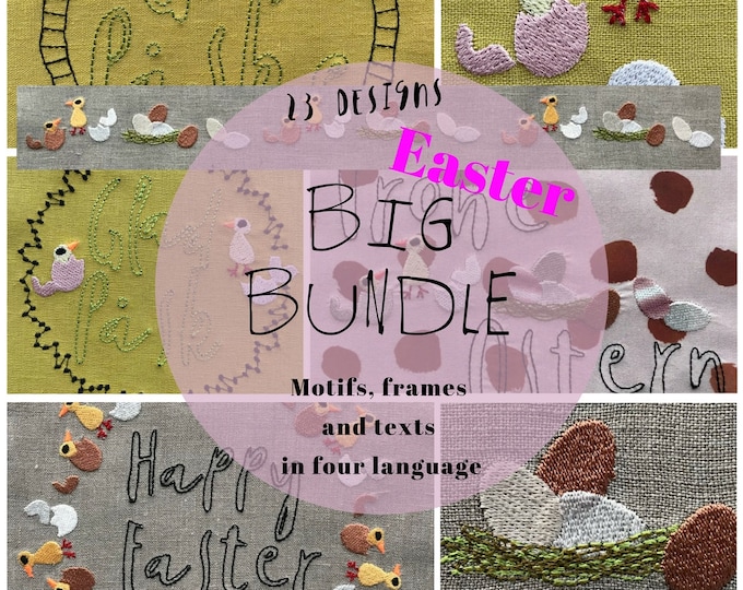 BIG BUNDLE, 23 Machine Embroidery Designs for awesome easter decors, Small and Big motifs, Frames and Texts in 4 languages, Big Value Pack