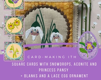 Spring Flower ITH Card designs, 6 Machine Embroidery Designs for DIY Card making - cards with Snowdrops, Agonite and Pansy + FS Lace Egg