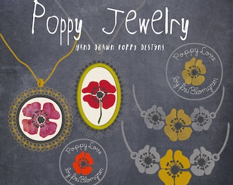 POPPY JEWELRY - Embroidered Necklaces with poppies in medallions and chains - 8 beautiful designs for garment embellishment