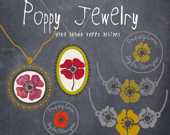 POPPY JEWELRY - Embroidered Necklaces with poppies in medallions and chains - 8 beautiful designs for garment embellishment