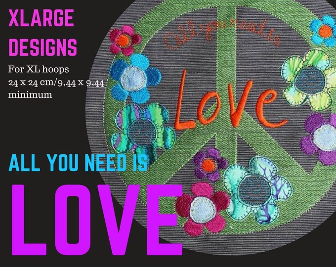 XLARGE Peace sign designs with lots of flowers - a mix of appliqué and embroidery, 6 designs in total