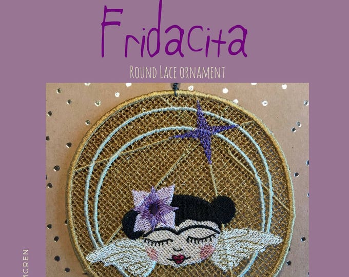 FSL Ornament. Round Ornament with FRIDACITA Angel motif, two different designs in two sizes, Handdrawn Embroidery Designs, Unique