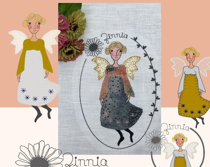 LITTLE ANGEL ZENNIA, romantic Angel machine embroidery designs inspired by the flowers in my garden, 4 angel designs + a text design
