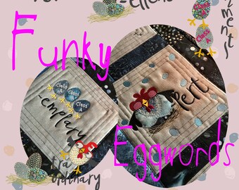Funny machine embroidery chicken and Egg words- 12 funny and detailed Appliqué Machine Embroidery Design and EGG words, Wordplay, pun, text